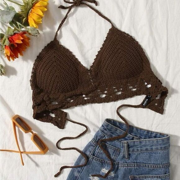 Brown knit halter top with laced back - Picture 1 of 8